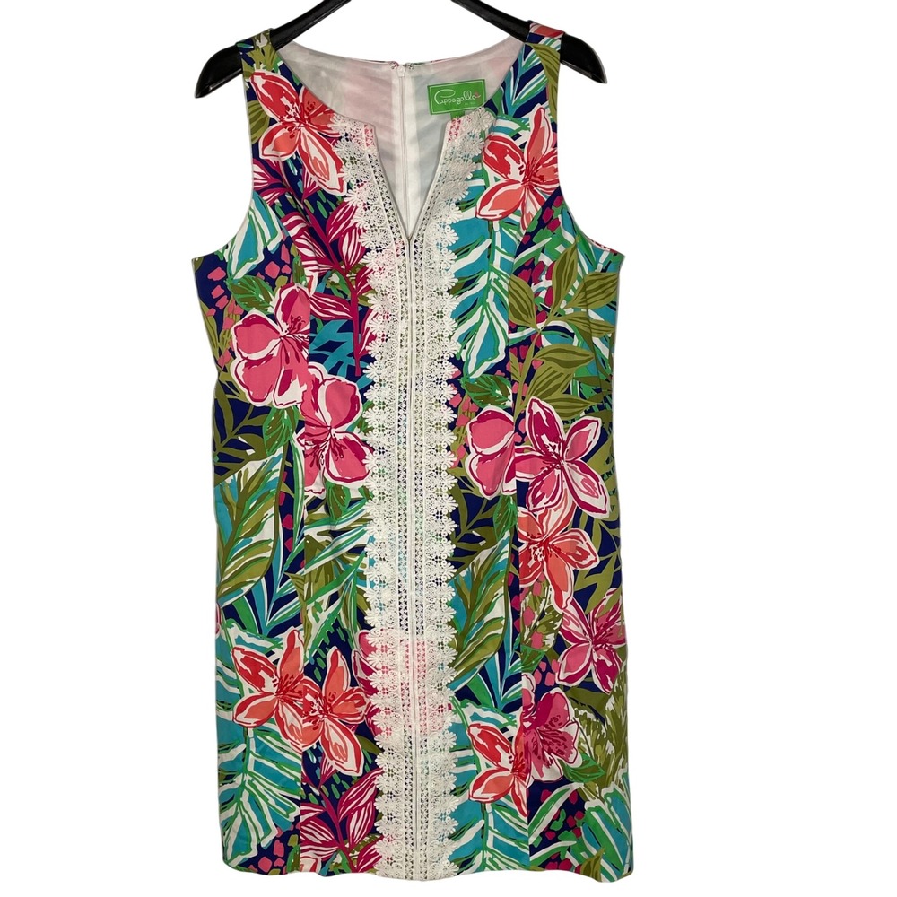 Pappagallo Floral Tropical Embroidered Lace Shift Dress Sz 14 Resort Vacation